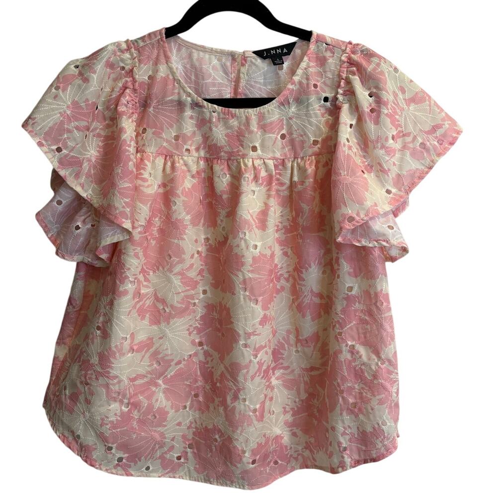 J. NNA Size Small Floral Print Ruffle Sleeve Blouse Pink Girly Feminine Garden